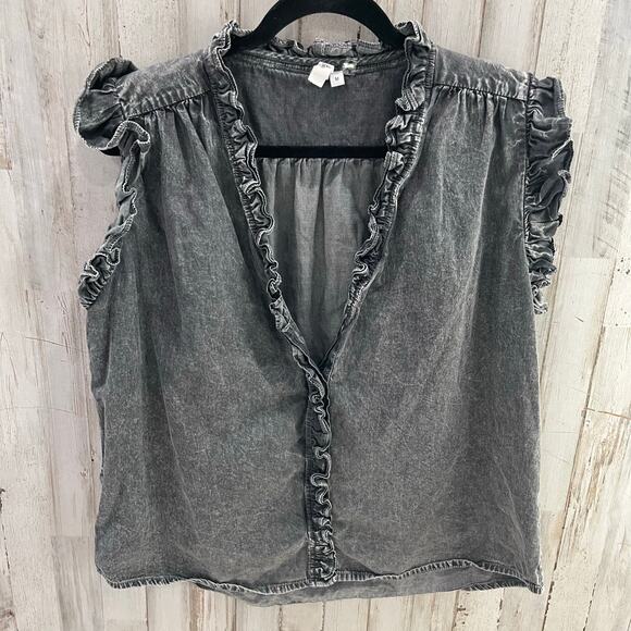 Easel Some Like It Ruffles Gray Stone Wash Denim Shirt Womens Size Medium - Picture 1 of 6